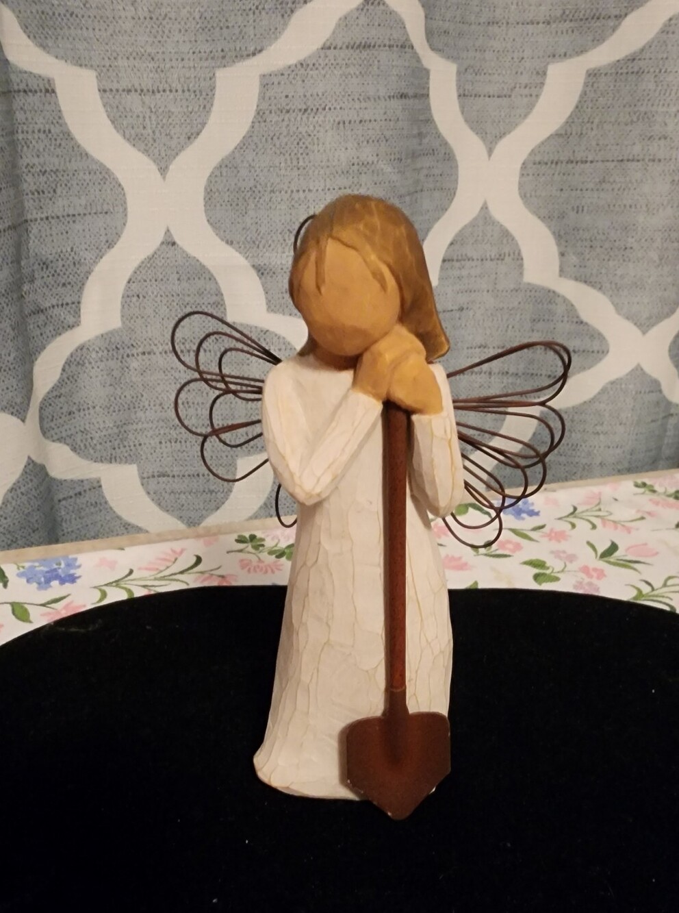 Wooden Angel Figurine with Rusty Metal Wings and Shovel